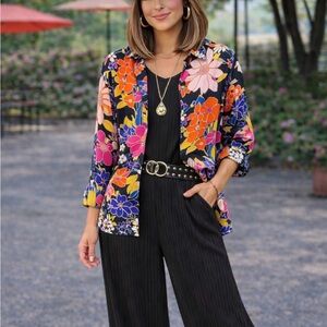 Entro Black Floral Blouse with Pink and Orange Accents